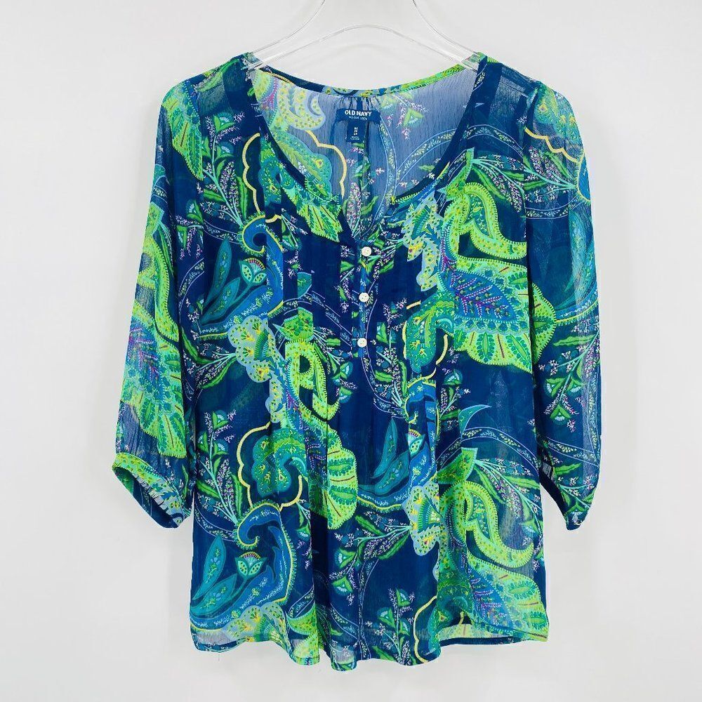 Old Navy Size XS Blue & Green Paisley Print Sheer Boho 3/4 Sleeve Blouse Top